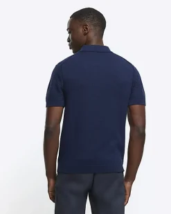 River Island slim fit textured knit polo Navy New