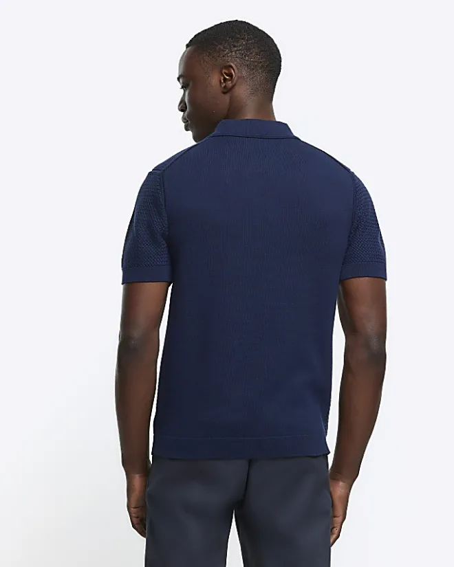 River Island slim fit textured knit polo Navy New
