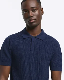 River Island slim fit textured knit polo Navy New