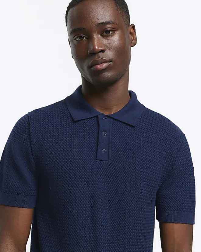 River Island slim fit textured knit polo Navy New