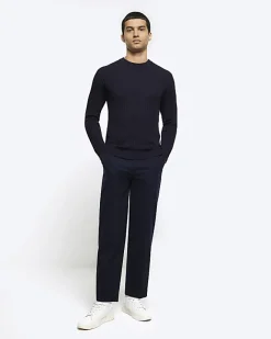 River Island slim fit waffle texture jumper Navy Sale