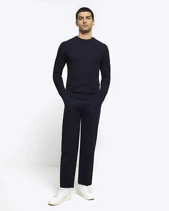 River Island slim fit waffle texture jumper Navy Sale