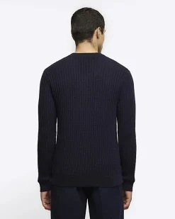 River Island slim fit waffle texture jumper Navy Sale