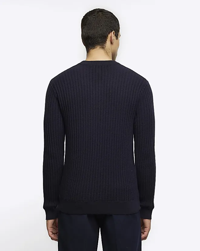 River Island slim fit waffle texture jumper Navy Sale