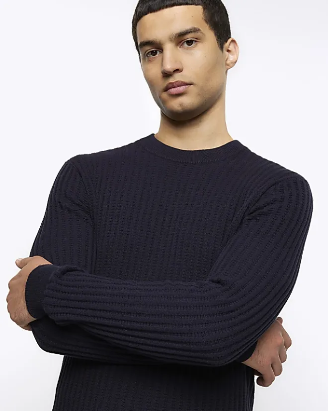 River Island slim fit waffle texture jumper Navy Sale