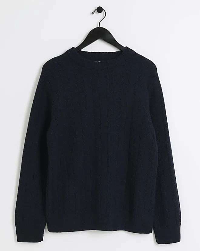 River Island slim fit wool blend crew jumper Navy Clearance