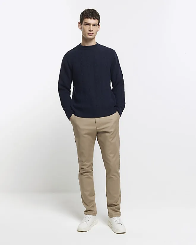 River Island slim fit wool blend crew jumper Navy Clearance