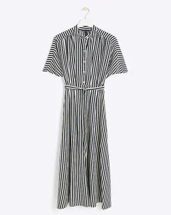 River Island Navy stripe belted midi shirt dress Blue Outlet