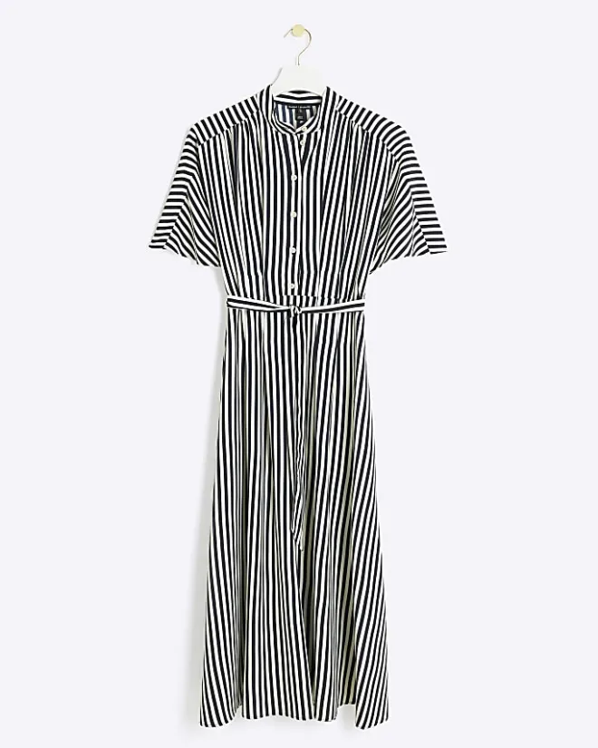 River Island Navy stripe belted midi shirt dress Blue Outlet