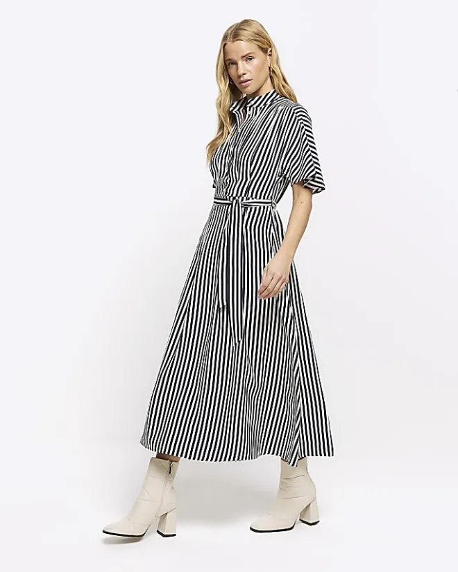 River Island Navy stripe belted midi shirt dress Blue Outlet