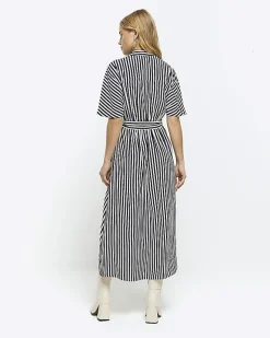 River Island Navy stripe belted midi shirt dress Blue Outlet