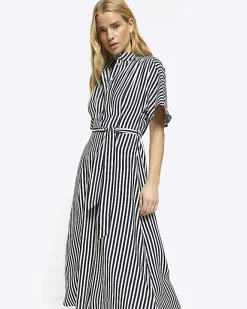 River Island Navy stripe belted midi shirt dress Blue Outlet