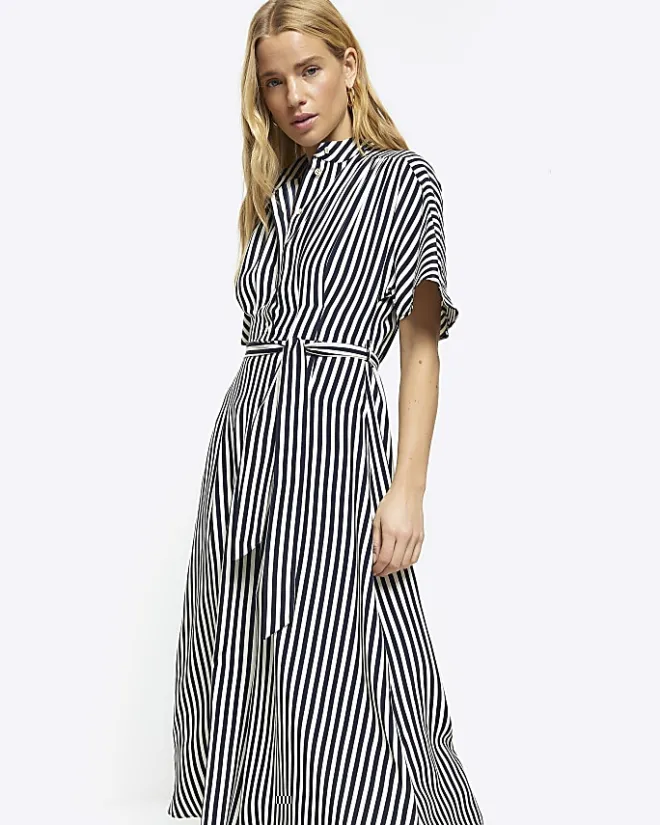 River Island Navy stripe belted midi shirt dress Blue Outlet