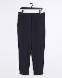 River Island tapered fit plisse smart trousers Navy Clearance