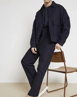River Island tapered fit plisse smart trousers Navy Clearance