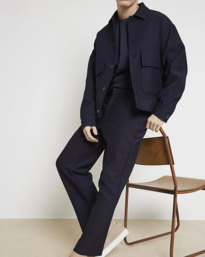 River Island tapered fit plisse smart trousers Navy Clearance