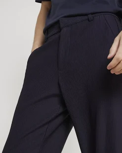 River Island tapered fit plisse smart trousers Navy Clearance