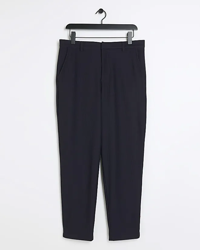 River Island tapered fit plisse smart trousers Navy Clearance