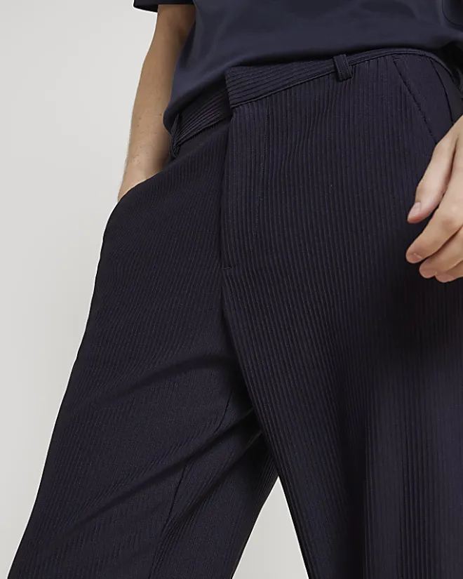 River Island tapered fit plisse smart trousers Navy Clearance