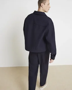 River Island tapered fit plisse smart trousers Navy Clearance