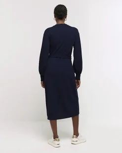 River Island Navy tie waist sweatshirt midi dress Blue Clearance