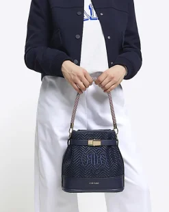 River Island Navy weave embroidered bucket cross body bag Blue Hot