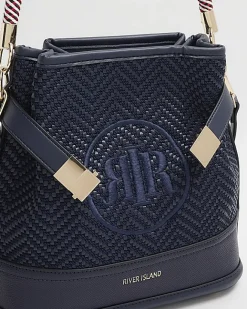 River Island Navy weave embroidered bucket cross body bag Blue Hot