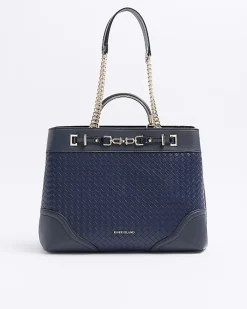 River Island Navy woven chain tote bag Blue Clearance
