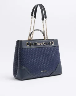 River Island Navy woven chain tote bag Blue Clearance