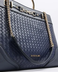 River Island Navy woven chain tote bag Blue Clearance