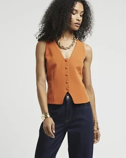 River Island Button Front Waistcoat Orange Clearance