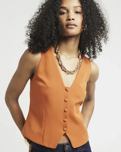 River Island Button Front Waistcoat Orange Clearance