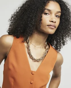 River Island Button Front Waistcoat Orange Clearance