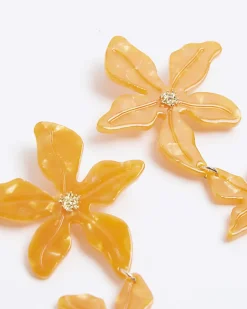 River Island Flower Drop Earrings Orange New