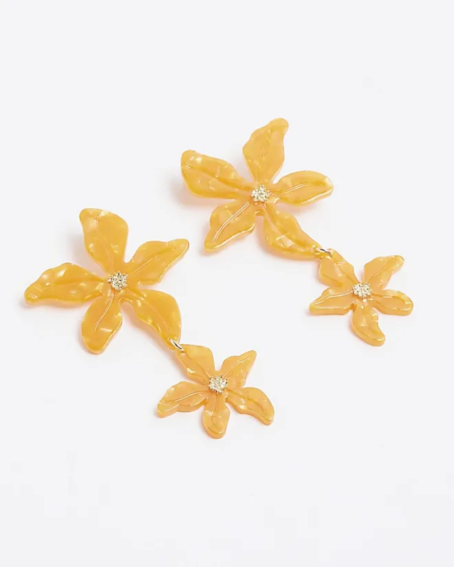 River Island Flower Drop Earrings Orange New