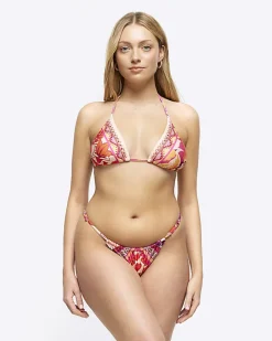 River Island scarf print high leg bikini bottoms Orange Hot