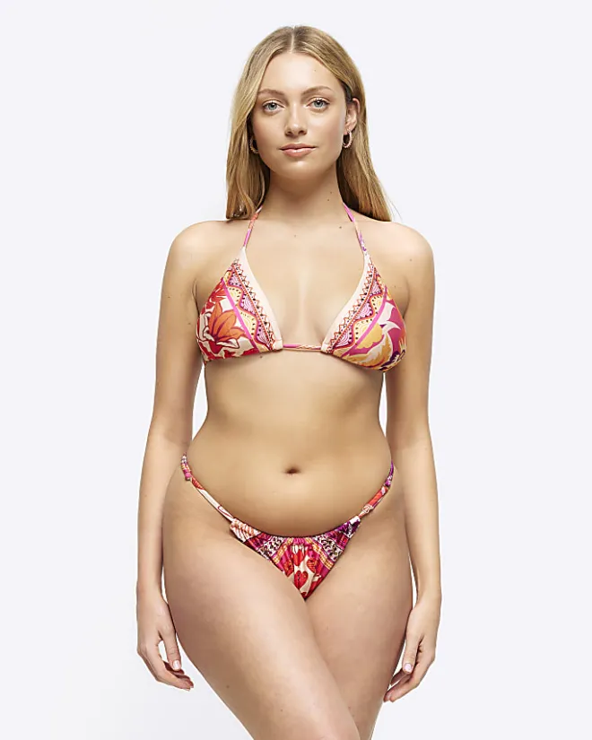 River Island scarf print high leg bikini bottoms Orange Hot