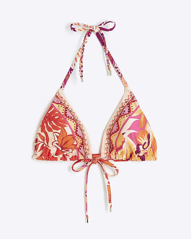 River Island scarf print triangle bikini top Orange Outlet