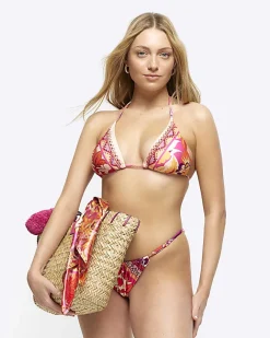 River Island scarf print triangle bikini top Orange Outlet