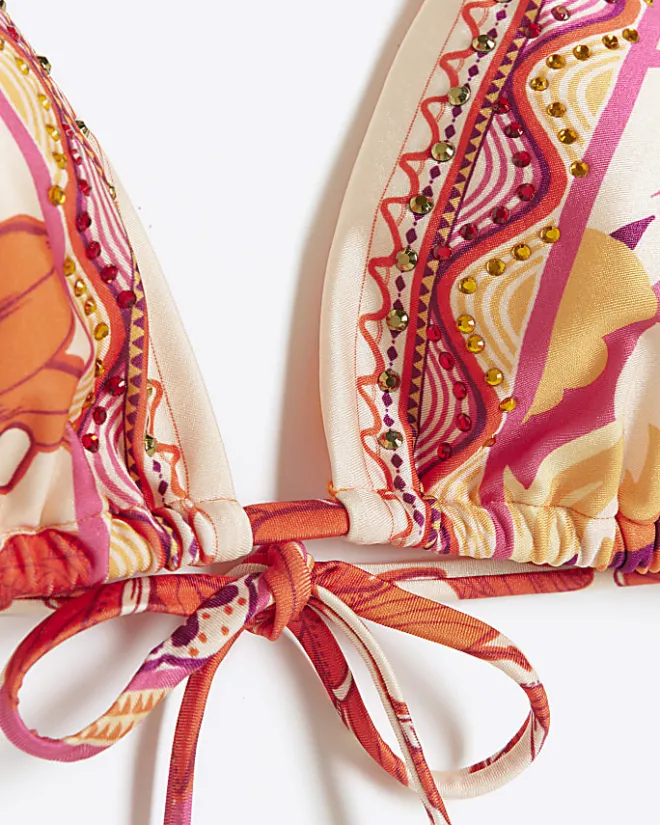 River Island scarf print triangle bikini top Orange Outlet