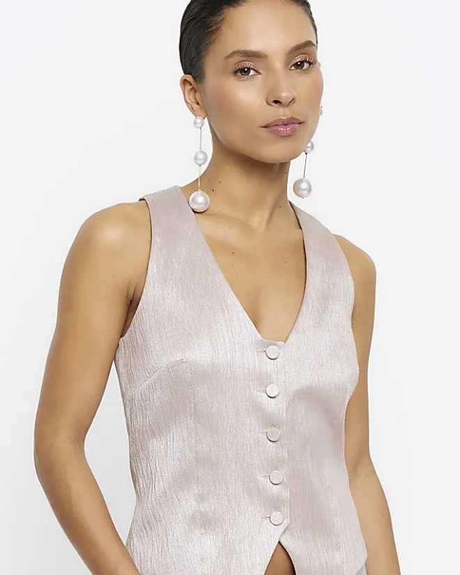 River Island Petite beige button front waistcoat Cream Fashion