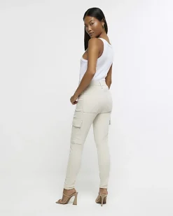 River Island Petite beige high waisted skinny cargo jeans Cream New