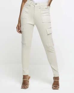 River Island Petite beige high waisted skinny cargo jeans Cream New