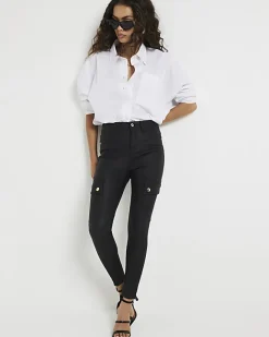 River Island Petite coated cargo skinny jeans Black New