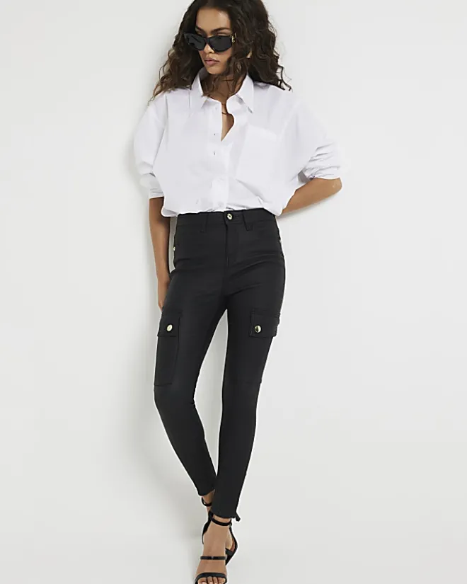 River Island Petite coated cargo skinny jeans Black New