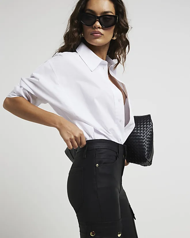 River Island Petite coated cargo skinny jeans Black New