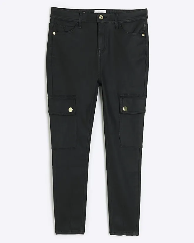 River Island Petite coated cargo skinny jeans Black New