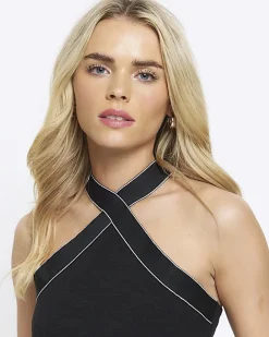 River Island Petite crossed halter top Black New