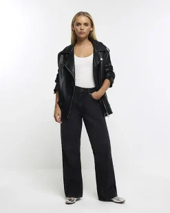 River Island Petite faux leather oversized jacket Black Clearance