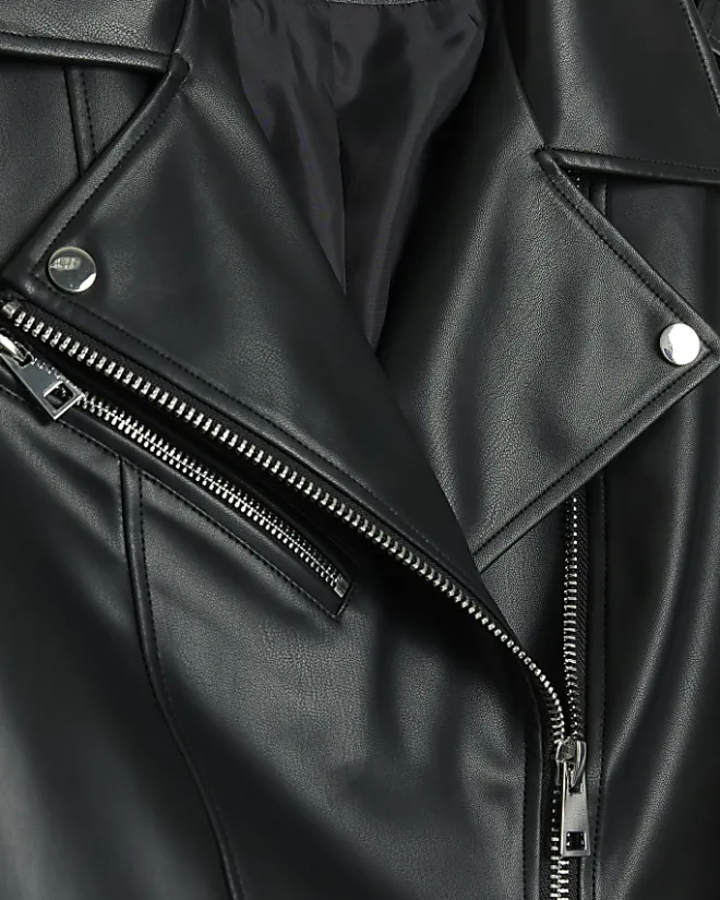 River Island Petite faux leather oversized jacket Black Clearance